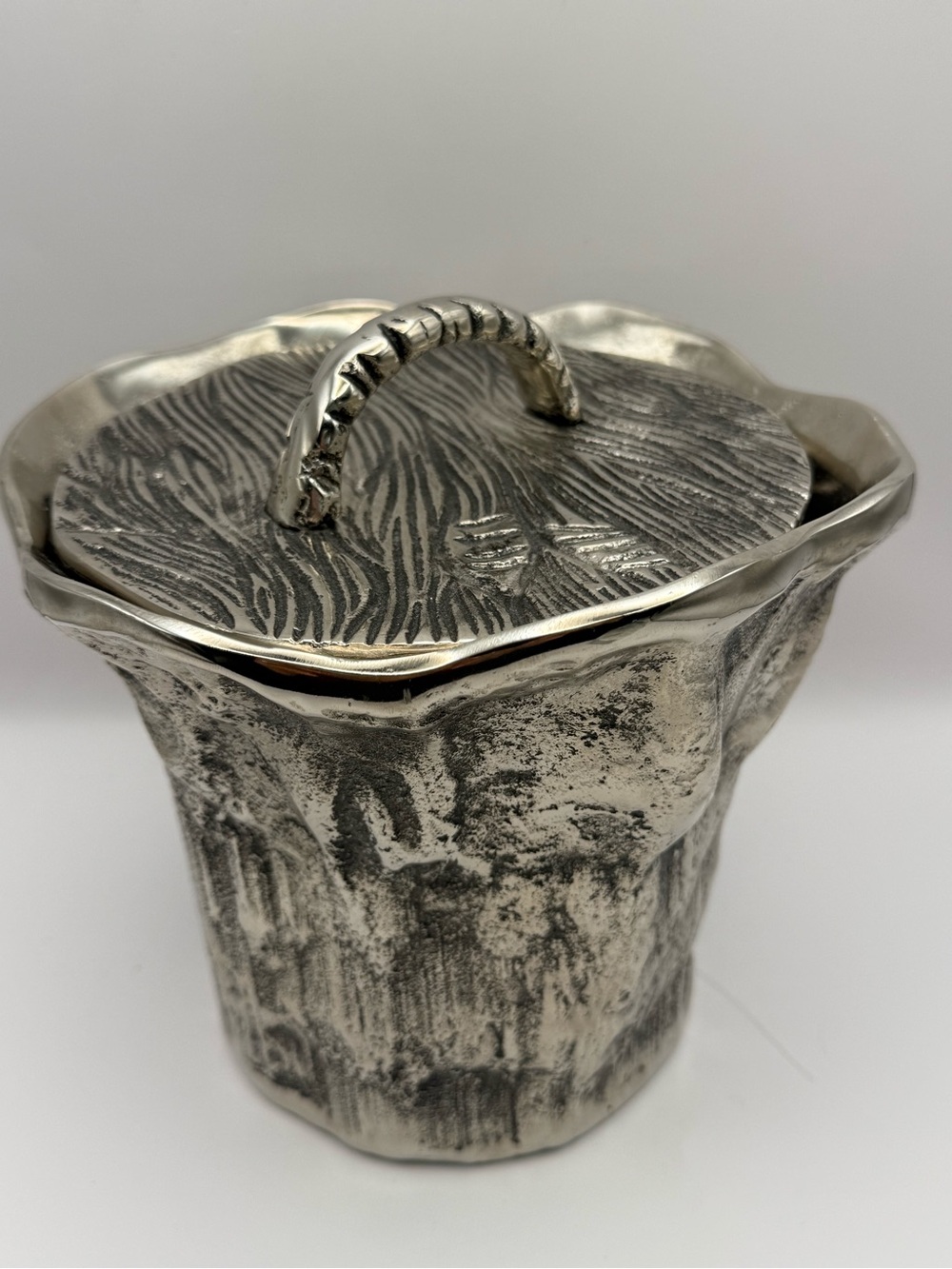 Star Home Silver Tone Cast Metal Lidded Container Ice Bucket Wood Grain Texture